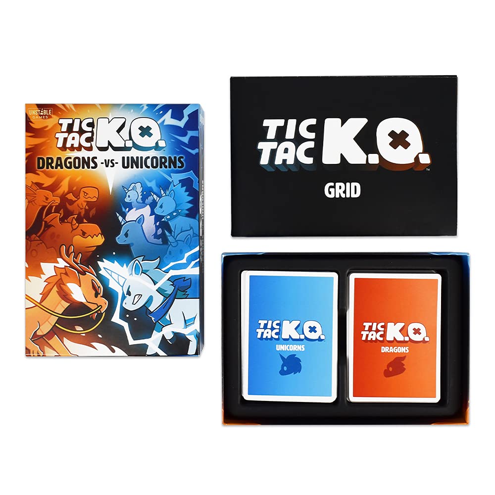 Tic Tac K.O. Card Game: Dragons vs. Unicorns – Team-Based Twist on Tic Tac Toe for 2-4 Players, Ages 8+