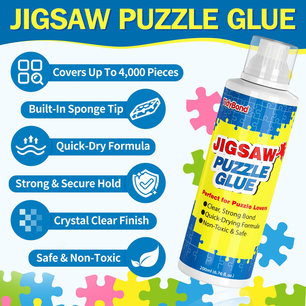 Tidybond Jigsaw Puzzle Glue 2-Pack – Clear, Fast-Drying Non-Toxic Sealer with Sponge Applicator and Squeegee for 1000/3000/5000 Piece Puzzles