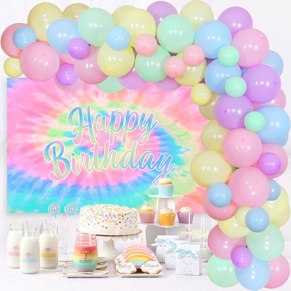 Tie Dye Birthday Decorations for Girls - Macaron Balloon Garland Kit with Happy Birthday Backdrop