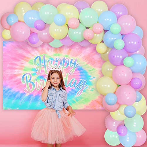 Tie Dye Birthday Decorations for Girls - Macaron Balloon Garland Kit with Happy Birthday Backdrop