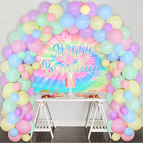 Tie Dye Birthday Decorations for Girls - Macaron Balloon Garland Kit with Happy Birthday Backdrop