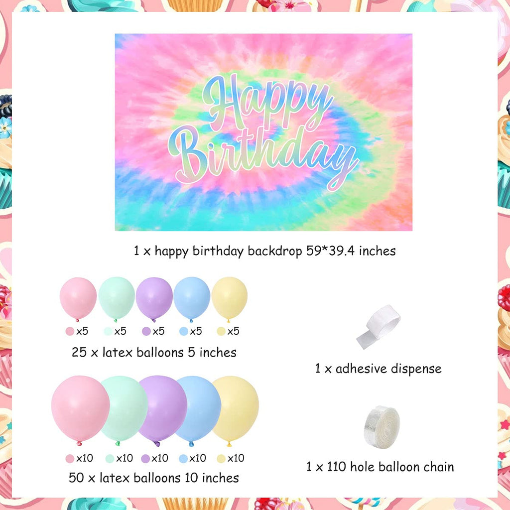 Tie Dye Birthday Decorations for Girls - Macaron Balloon Garland Kit with Happy Birthday Backdrop