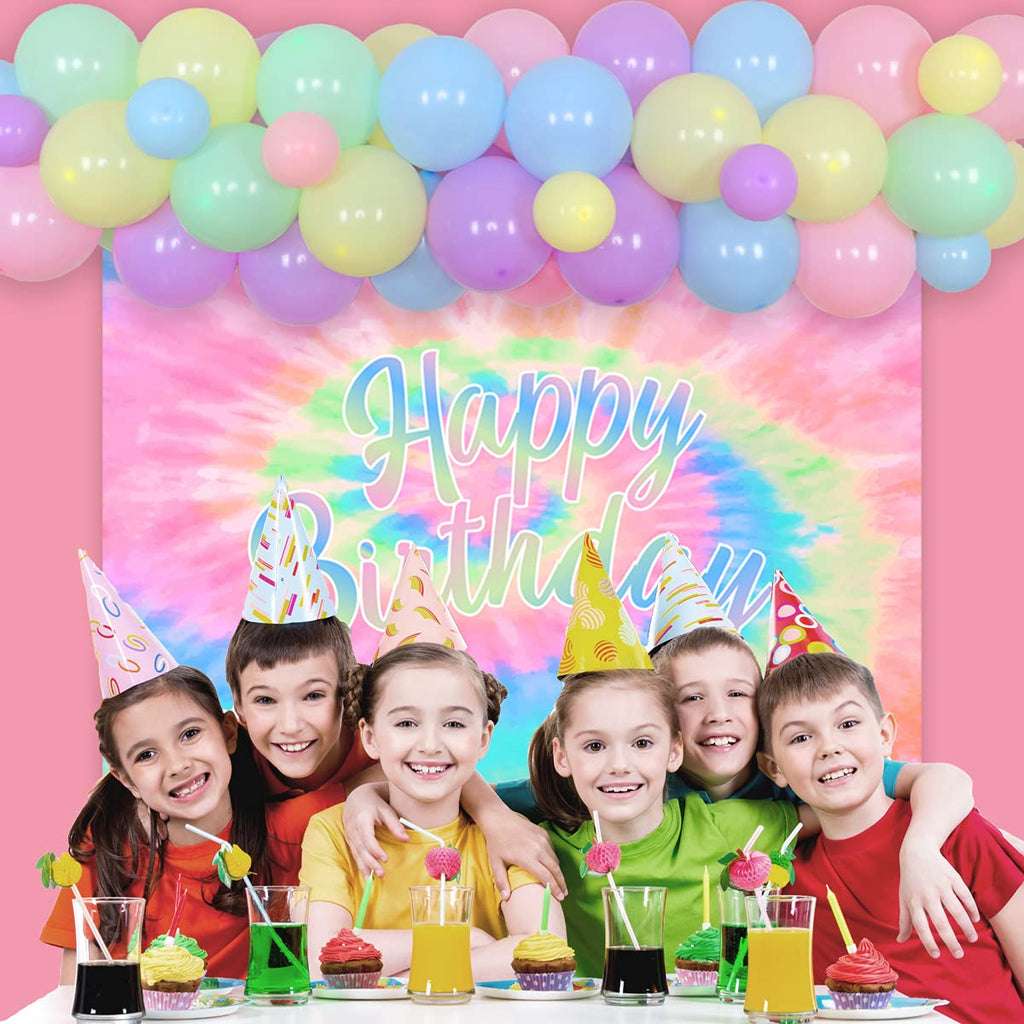 Tie Dye Birthday Decorations for Girls - Macaron Balloon Garland Kit with Happy Birthday Backdrop