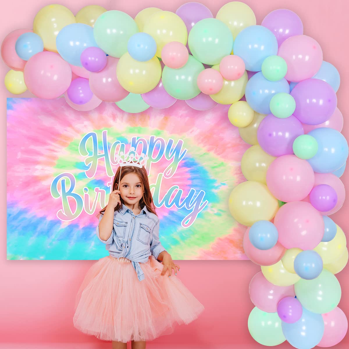 Tie Dye Birthday Decorations for Girls - Macaron Balloon Garland Kit with Happy Birthday Backdrop