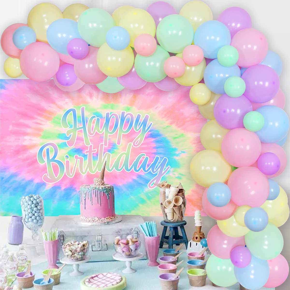 Tie Dye Birthday Decorations for Girls - Macaron Balloon Garland Kit with Happy Birthday Backdrop