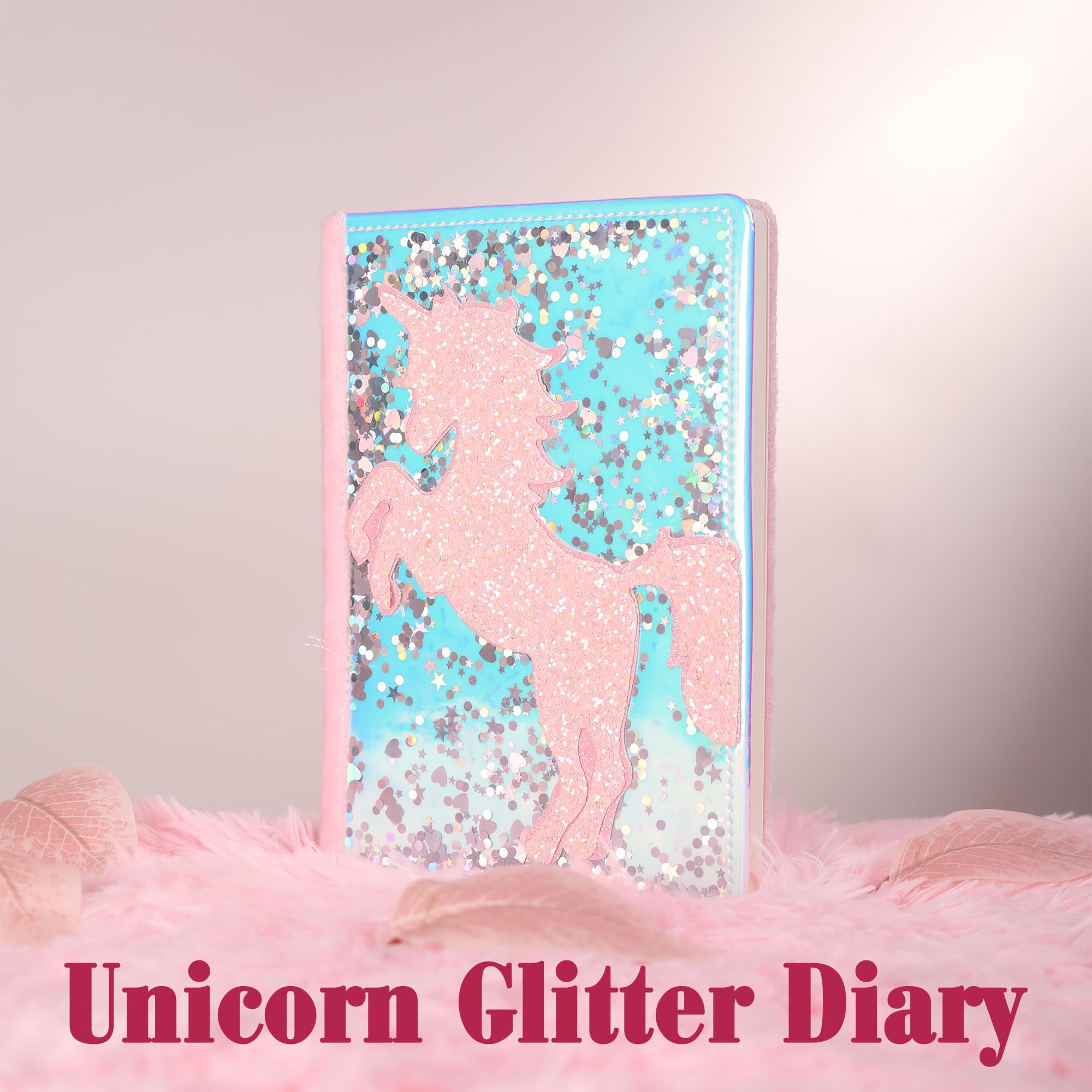TIEFOSSI Unicorn Glitter Diary for Girls Ages 6-12 - A5 Fluffy Journal with 160 Pages and Durable Glitter Cover
