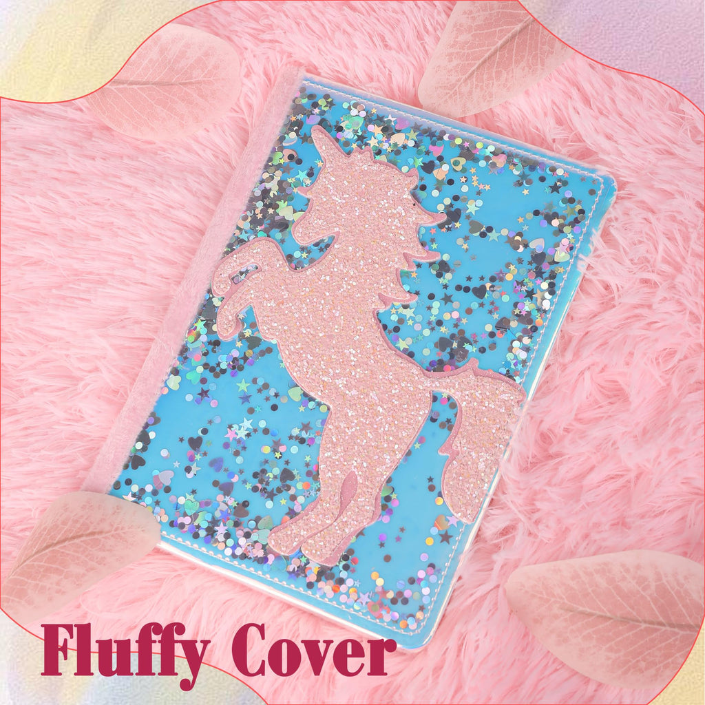 TIEFOSSI Unicorn Glitter Diary for Girls Ages 6-12 - A5 Fluffy Journal with 160 Pages and Durable Glitter Cover