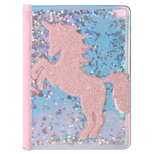 TIEFOSSI Unicorn Glitter Diary for Girls Ages 6-12 - A5 Fluffy Journal with 160 Pages and Durable Glitter Cover