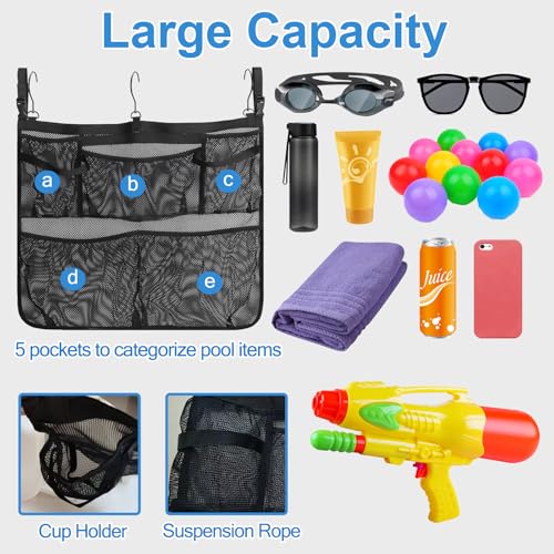 Tifwsea Pool Side Storage Mesh Bag 24x20 Inch - Hanging Organizer Net Basket with Hooks for Towels, Toys, Cups - Black