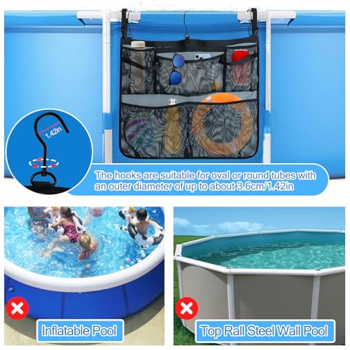 Tifwsea Pool Side Storage Mesh Bag 24x20 Inch - Hanging Organizer Net Basket with Hooks for Towels, Toys, Cups - Black
