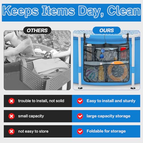 Tifwsea Pool Side Storage Mesh Bag 24x20 Inch - Hanging Organizer Net Basket with Hooks for Towels, Toys, Cups - Black