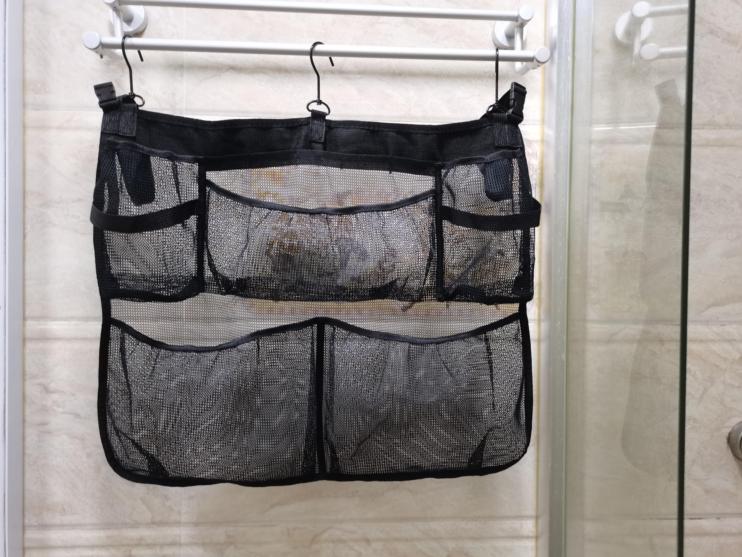 Tifwsea Pool Side Storage Mesh Bag 24x20 Inch - Hanging Organizer Net Basket with Hooks for Towels, Toys, Cups - Black