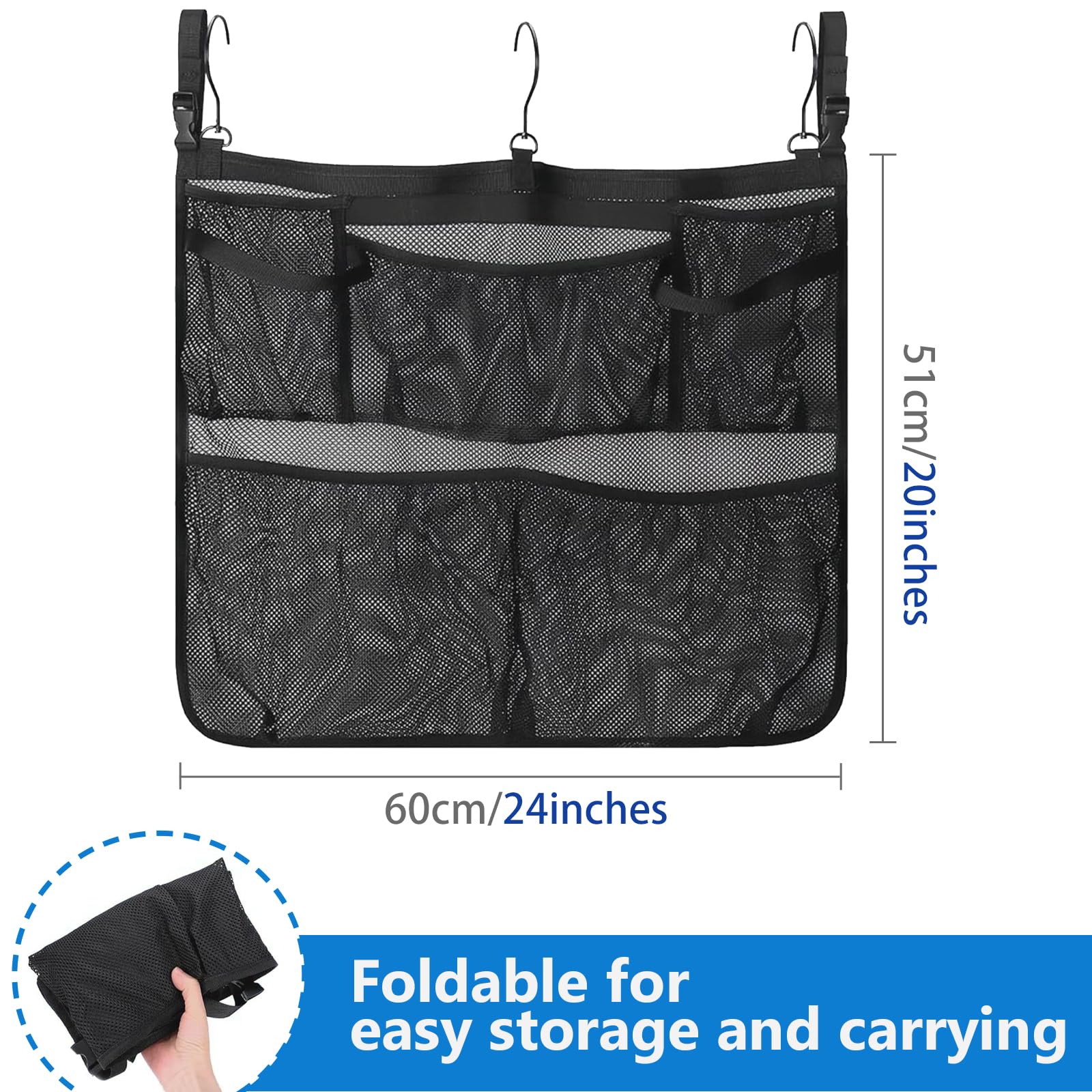 Tifwsea Pool Side Storage Mesh Bag 24x20 Inch - Hanging Organizer Net Basket with Hooks for Towels, Toys, Cups - Black