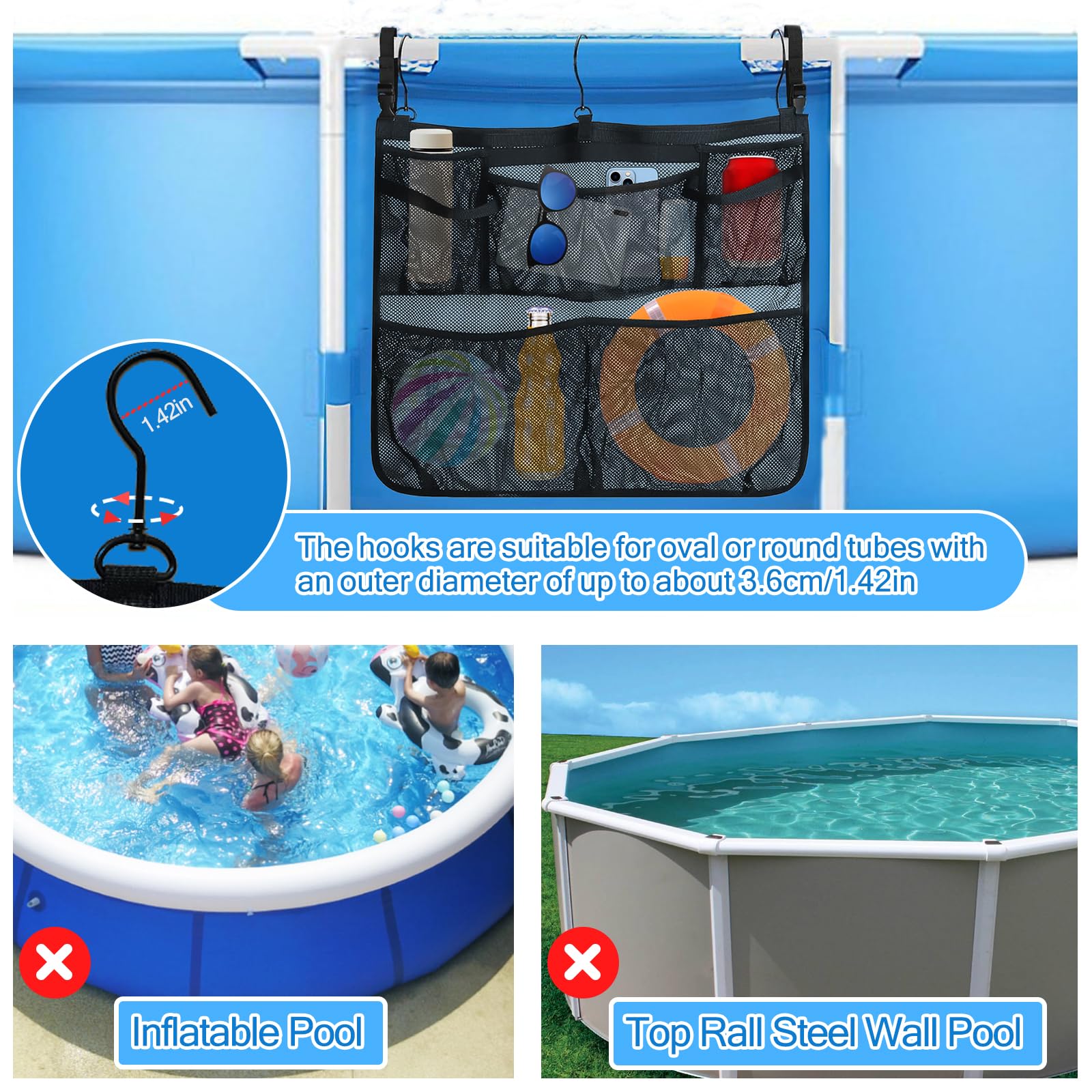 Tifwsea Pool Side Storage Mesh Bag 24x20 Inch - Hanging Organizer Net Basket with Hooks for Towels, Toys, Cups - Black