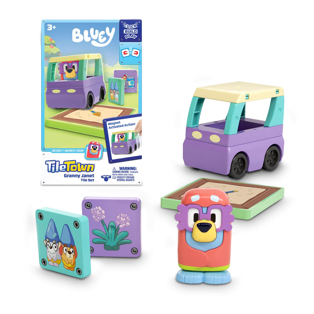 TILE TOWN Bluey Granny Janet 6-Piece Magnetic Tile Playset – Interactive STEM Toy with Action Tiles for Ages 3+