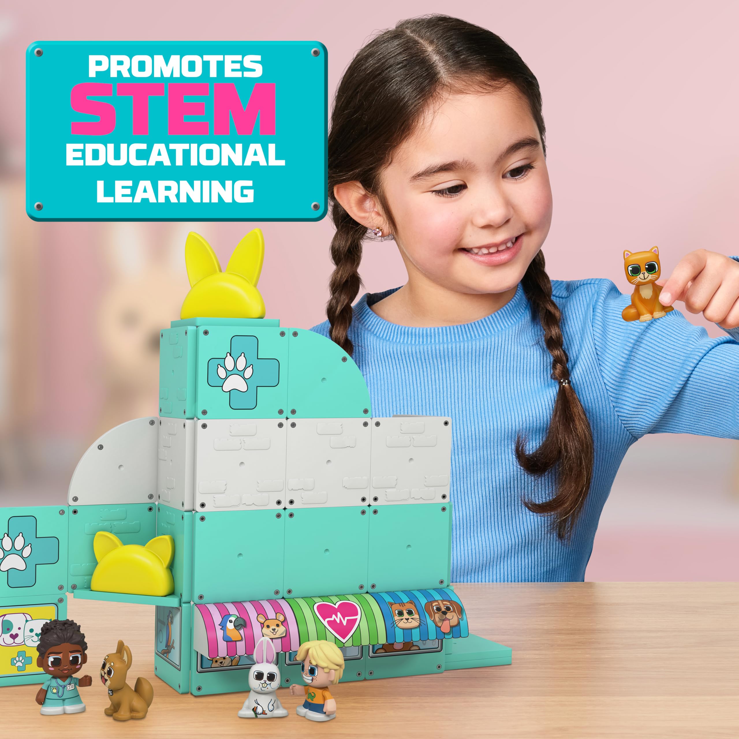 Tile Town Pet Vet Magnetic Tiles Set - 44-Piece with Sound and Lights Action Figures, Ages 3-6