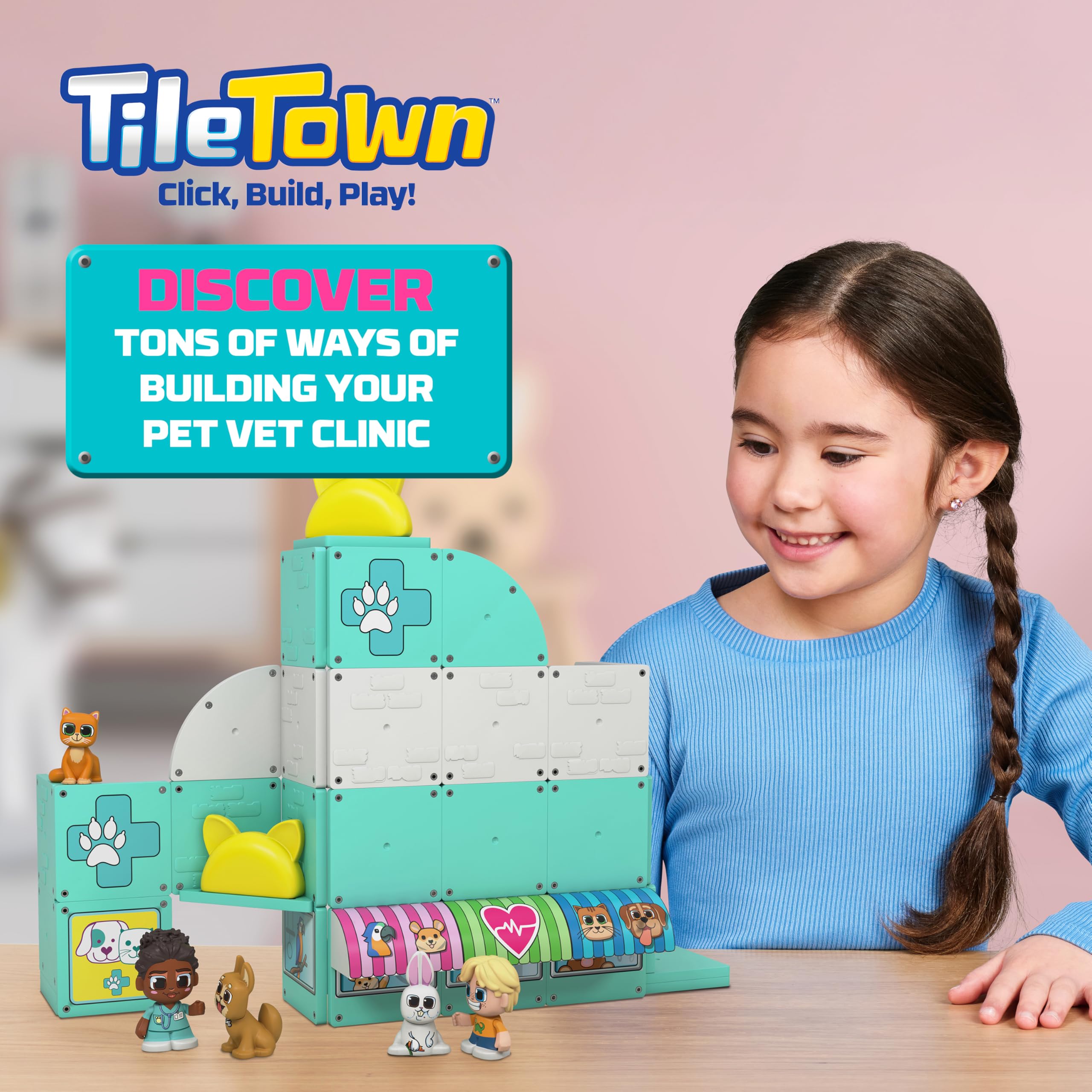 Tile Town Pet Vet Magnetic Tiles Set - 44-Piece with Sound and Lights Action Figures, Ages 3-6