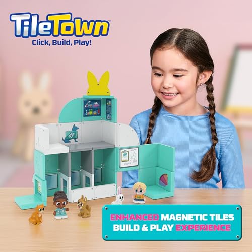 Tile Town Pet Vet Magnetic Tiles Set - 44-Piece with Sound and Lights Action Figures, Ages 3-6