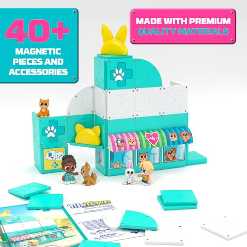 Tile Town Pet Vet Magnetic Tiles Set - 44-Piece with Sound and Lights Action Figures, Ages 3-6