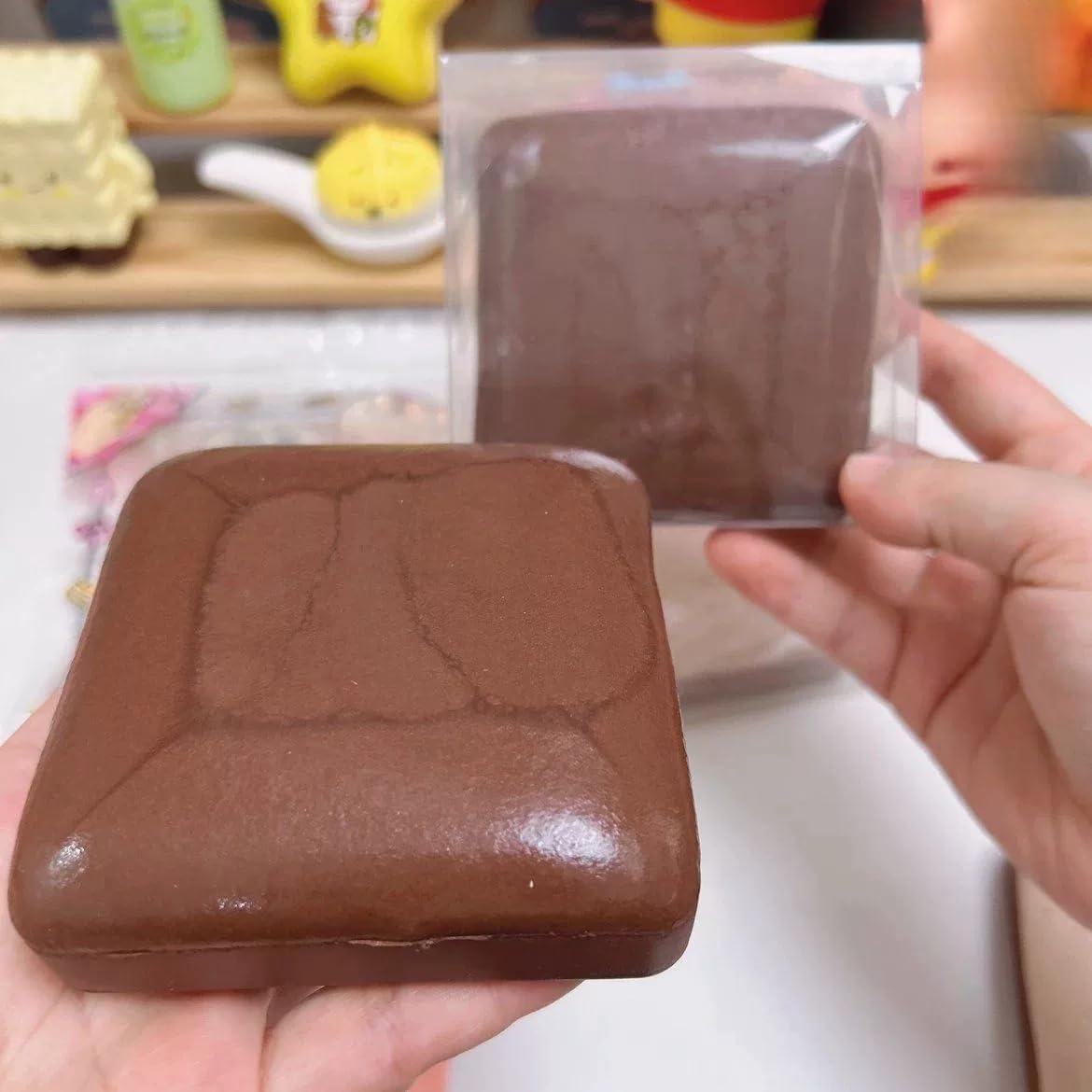 TIM CHESS 2-Pack Sticky Squishy Toast, Slow Rising Chocolate Bread Fidget Toy, Stress Relief Squeeze