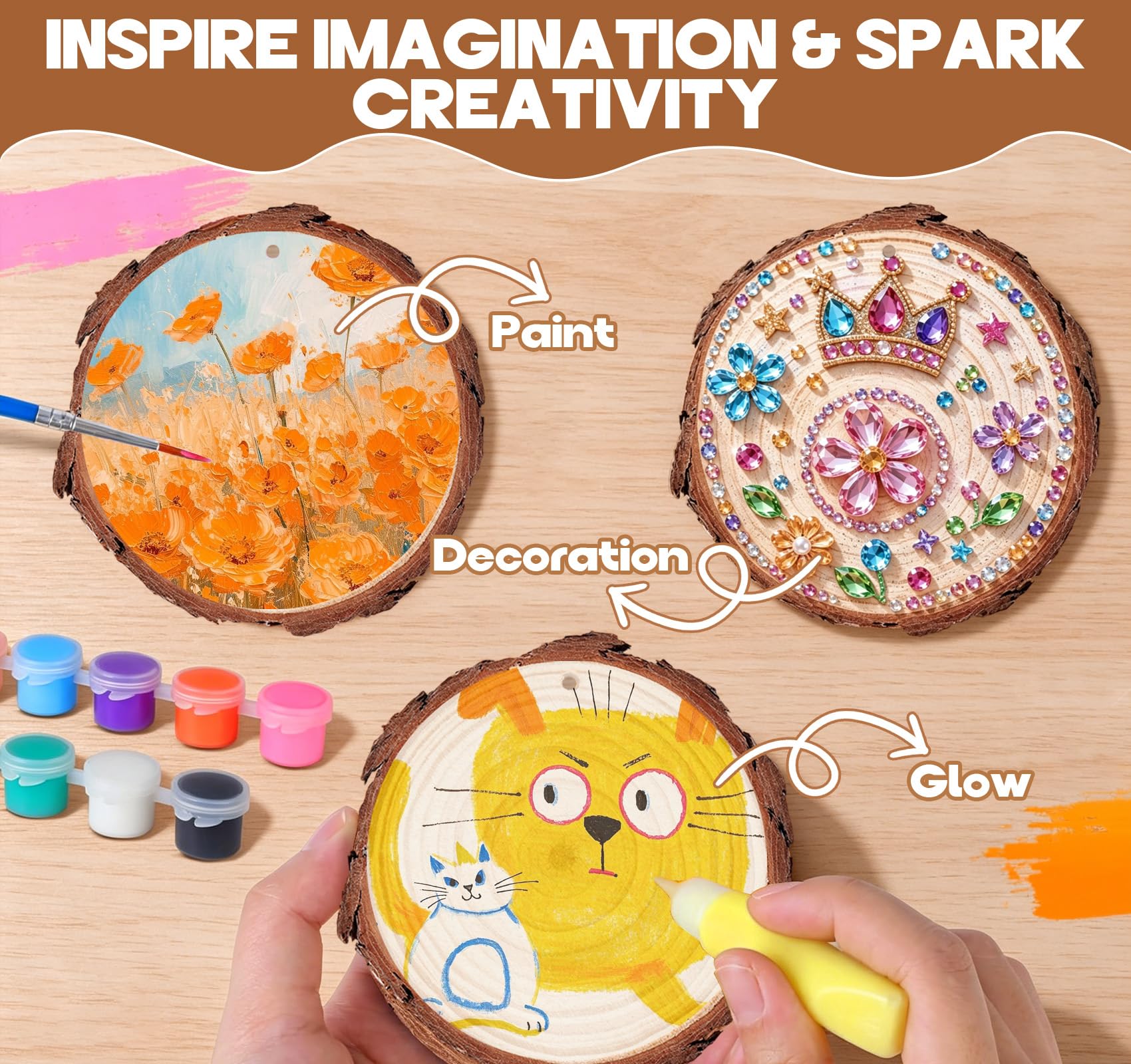 Timburst 171-Piece Wood Slices Craft Kit with Glow in the Dark Pens – Kids Painting Set for Ages 6+