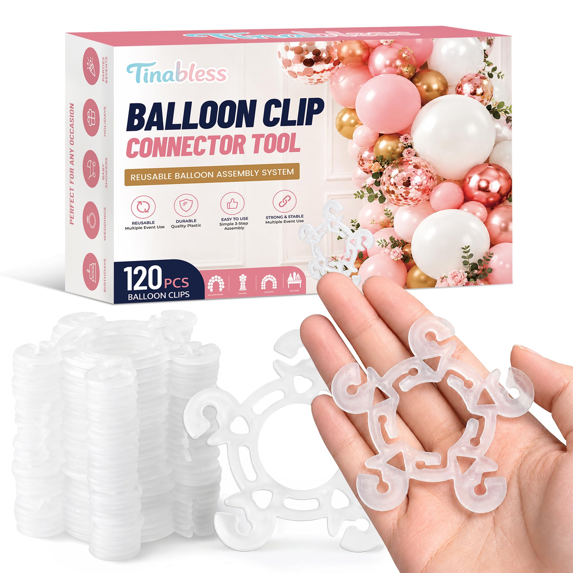 Tinabless 120-Pack Reusable Balloon Clips for Arches & Columns - White Plastic Connectors