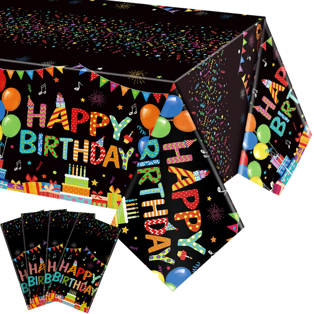 Tingjoo 4 Pack Black Plastic Birthday Tablecloths 54x108 Inches - Disposable Party Table Cover with Colorful Balloon Design