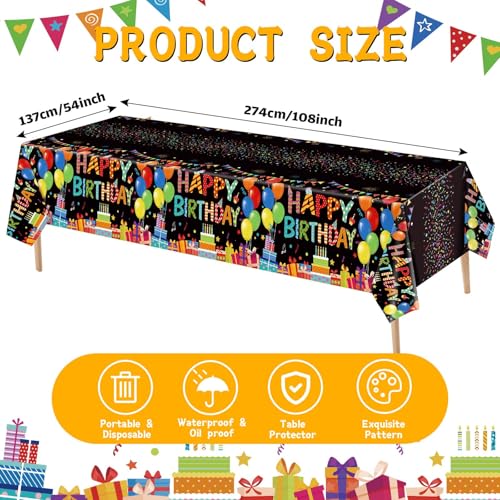Tingjoo 4 Pack Black Plastic Birthday Tablecloths 54x108 Inches - Disposable Party Table Cover with Colorful Balloon Design