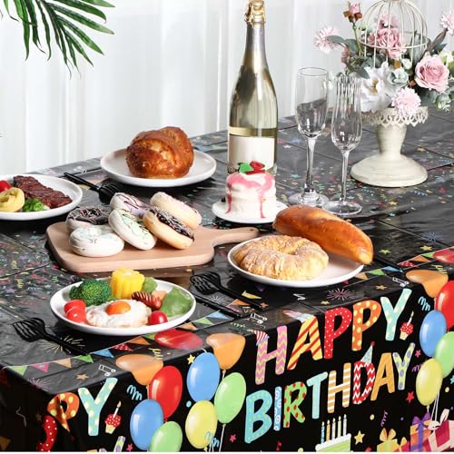 Tingjoo 4 Pack Black Plastic Birthday Tablecloths 54x108 Inches - Disposable Party Table Cover with Colorful Balloon Design