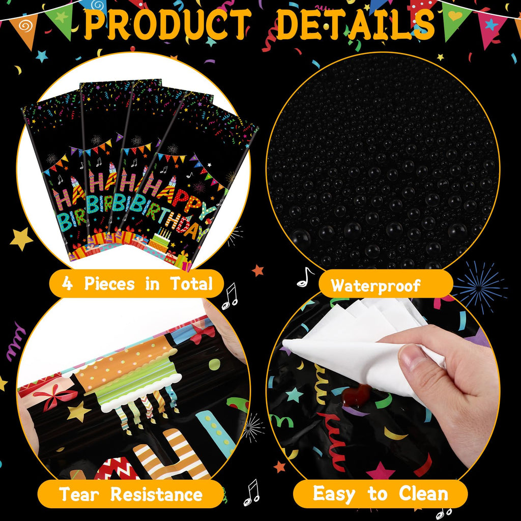 Tingjoo 4 Pack Black Plastic Birthday Tablecloths 54x108 Inches - Disposable Party Table Cover with Colorful Balloon Design