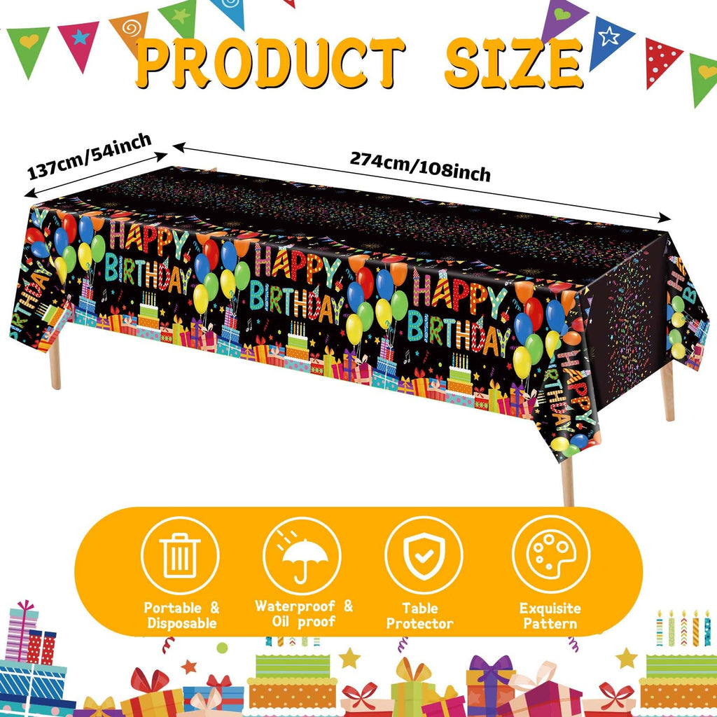 Tingjoo 4 Pack Black Plastic Birthday Tablecloths 54x108 Inches - Disposable Party Table Cover with Colorful Balloon Design