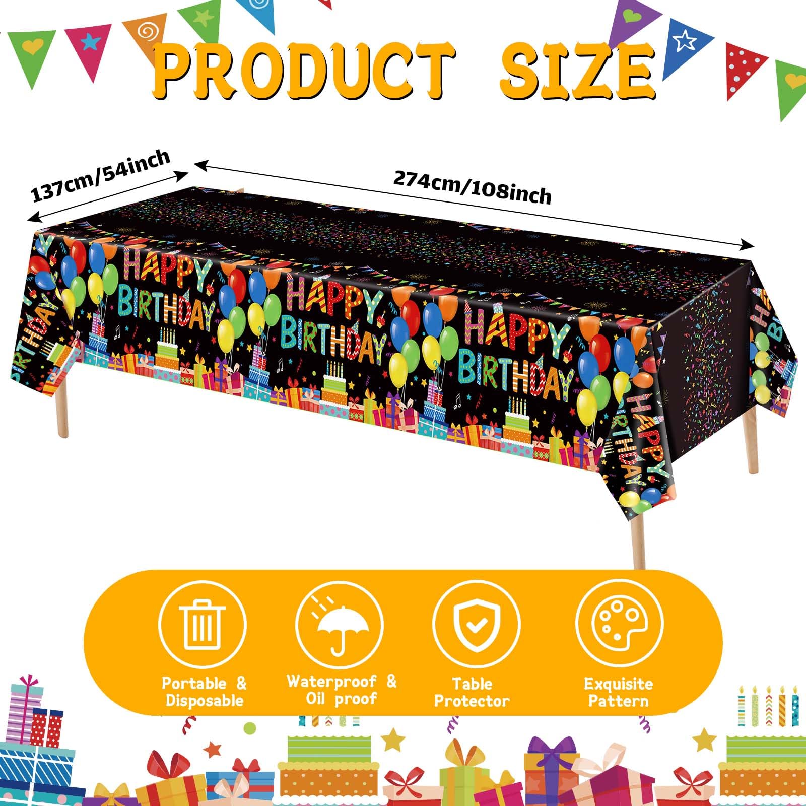 Tingjoo 4 Pack Black Plastic Birthday Tablecloths 54x108 Inches - Disposable Party Table Cover with Colorful Balloon Design