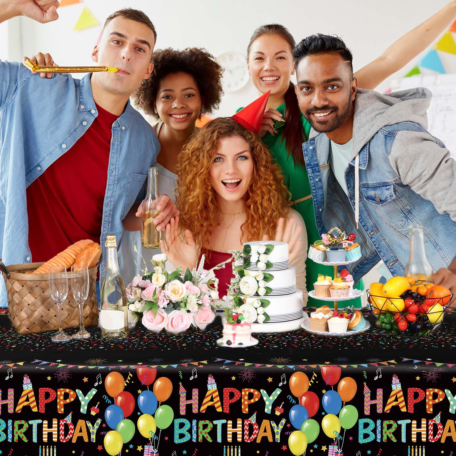 Tingjoo 4 Pack Black Plastic Birthday Tablecloths 54x108 Inches - Disposable Party Table Cover with Colorful Balloon Design
