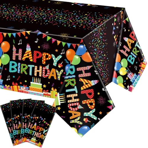 Tingjoo 4 Pack Black Plastic Birthday Tablecloths 54x108 Inches - Disposable Party Table Cover with Colorful Balloon Design