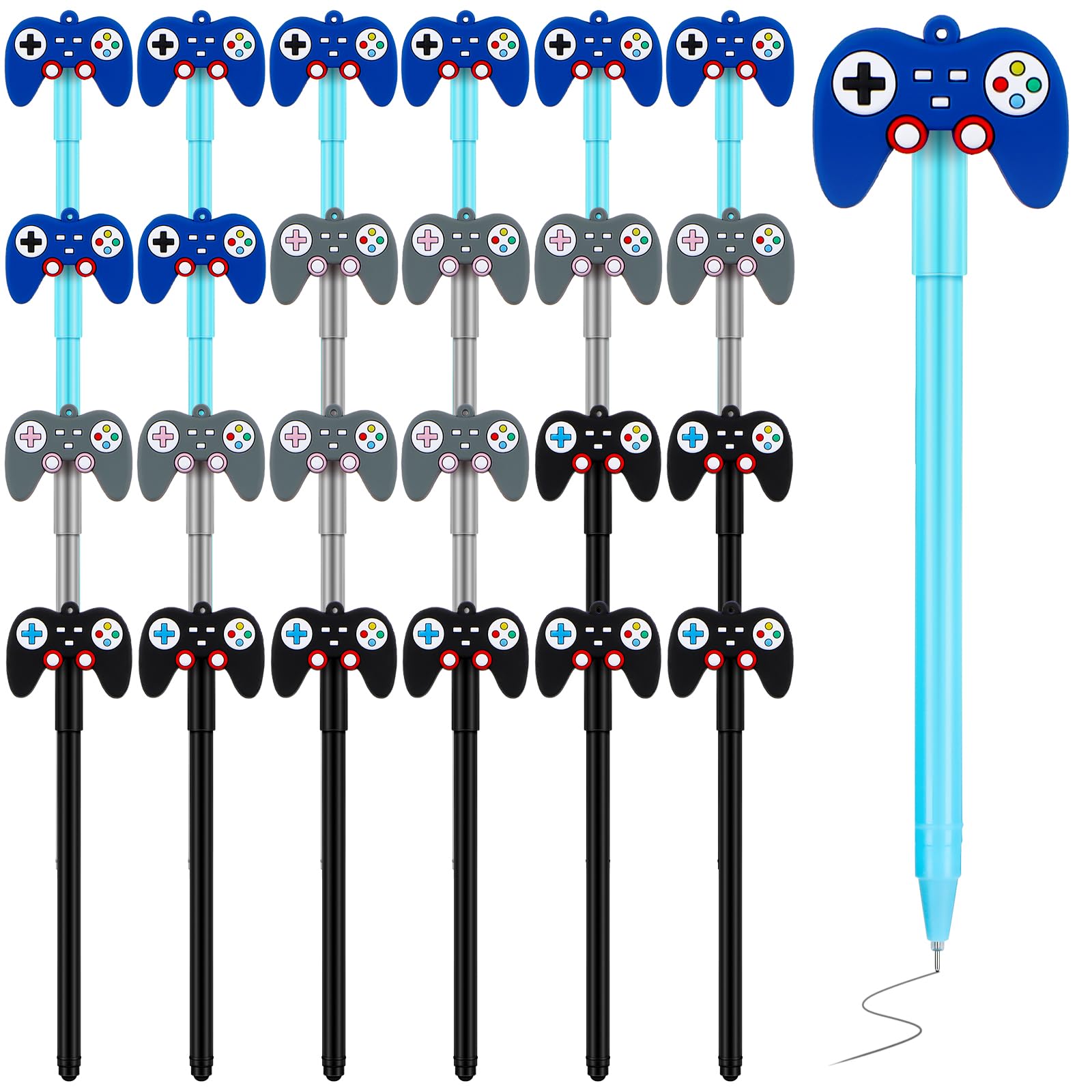 Tinlade 24-Piece Video Game Pens - Game Controller Cap Pens for Party Favors, Gifts, and Classroom Use (Black, Blue, Gray)