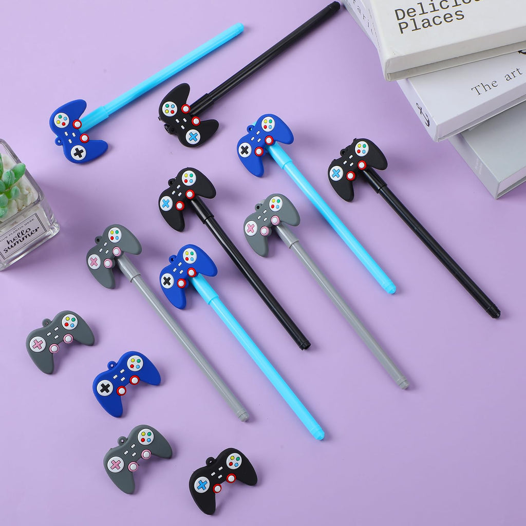 Tinlade 24-Piece Video Game Pens - Game Controller Cap Pens for Party Favors, Gifts, and Classroom Use (Black, Blue, Gray)