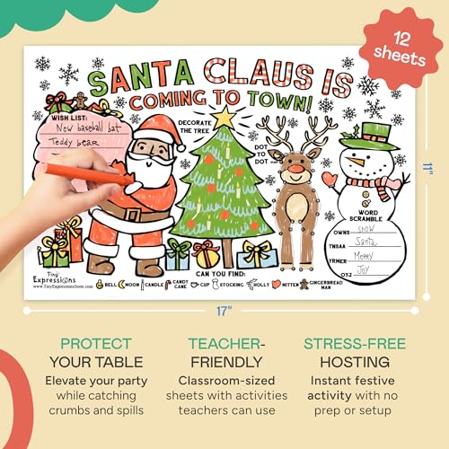 Tiny Expressions Christmas Placemats for Kids – Pack of 12 Coloring Activity Mats, 11x17 Inches, Disposable Bulk Set