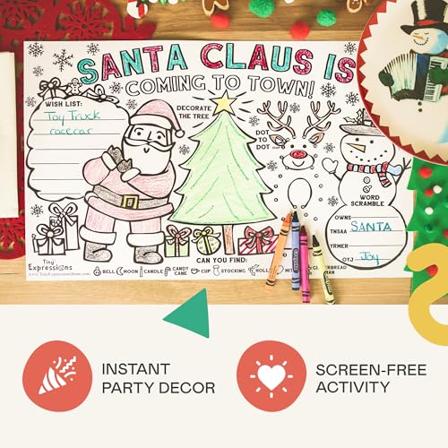 Tiny Expressions Christmas Placemats for Kids – Pack of 12 Coloring Activity Mats, 11x17 Inches, Disposable Bulk Set