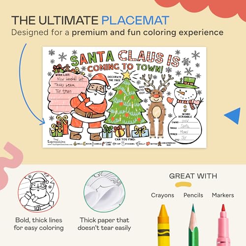 Tiny Expressions Christmas Placemats for Kids – Pack of 12 Coloring Activity Mats, 11x17 Inches, Disposable Bulk Set