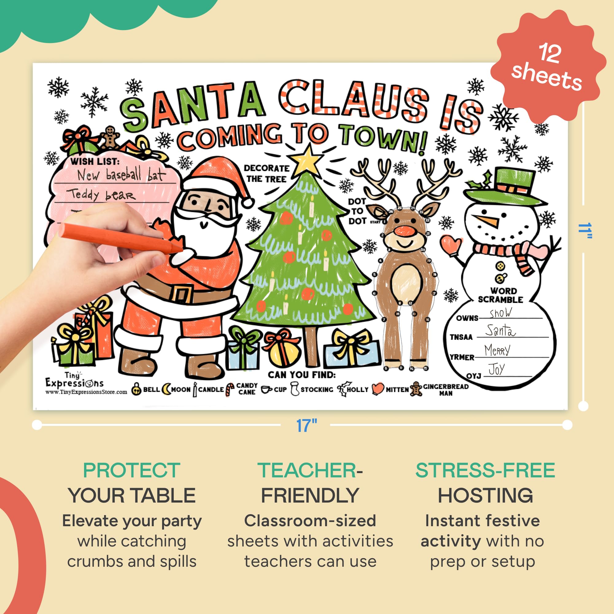 Tiny Expressions Christmas Placemats for Kids – Pack of 12 Coloring Activity Mats, 11x17 Inches, Disposable Bulk Set