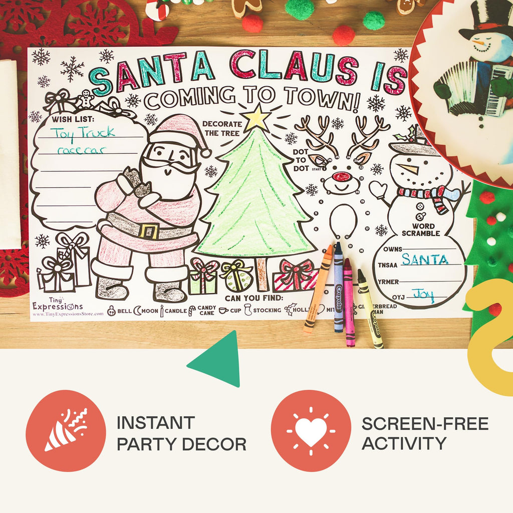 Tiny Expressions Christmas Placemats for Kids – Pack of 12 Coloring Activity Mats, 11x17 Inches, Disposable Bulk Set