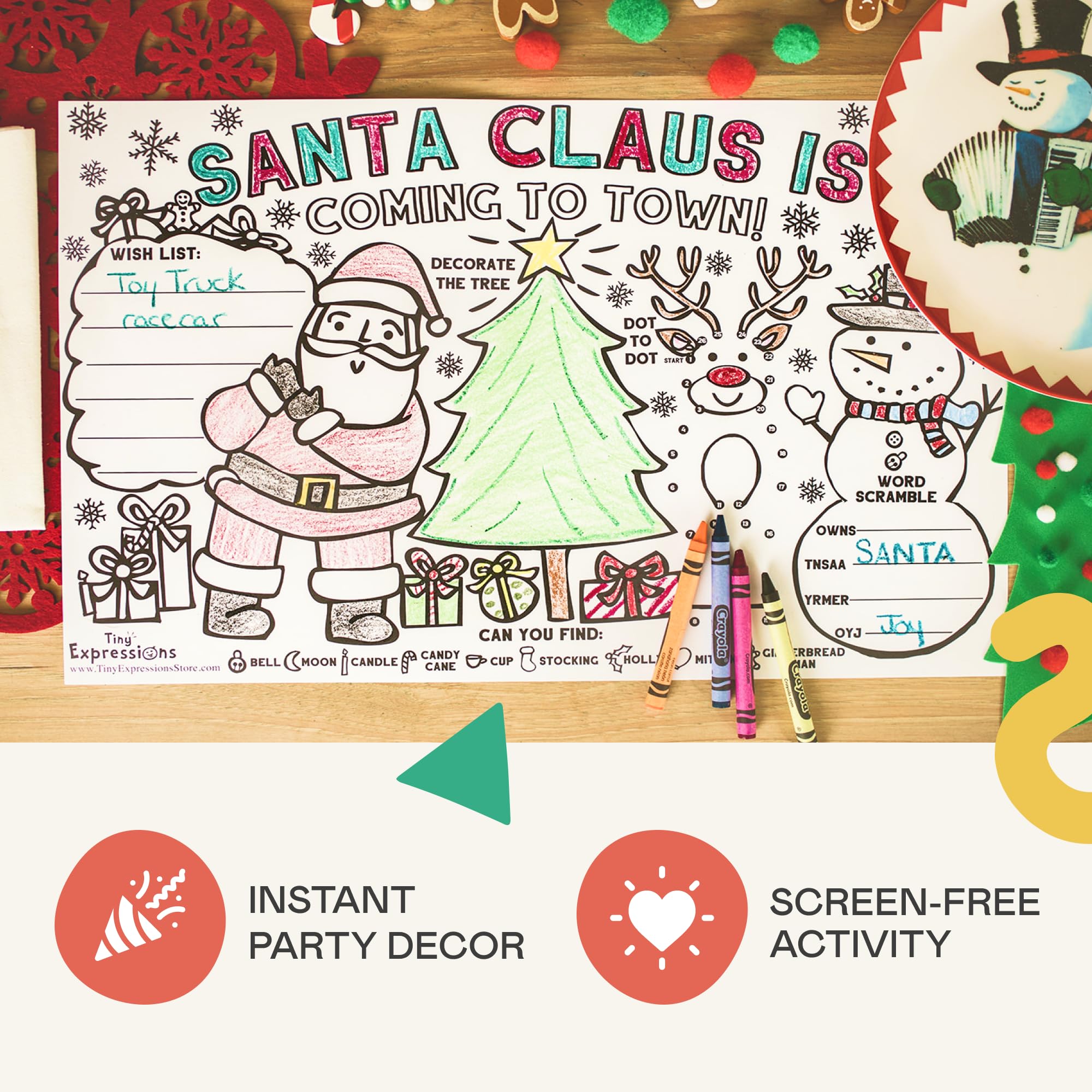 Tiny Expressions Christmas Placemats for Kids – Pack of 12 Coloring Activity Mats, 11x17 Inches, Disposable Bulk Set