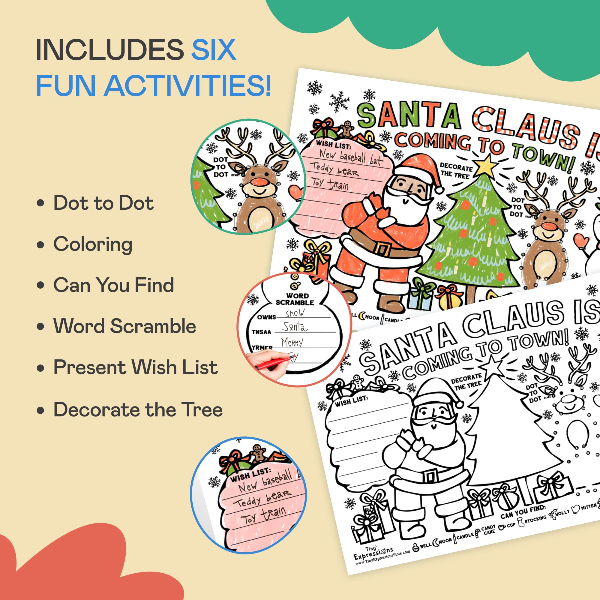 Tiny Expressions Christmas Placemats for Kids – Pack of 12 Coloring Activity Mats, 11x17 Inches, Disposable Bulk Set
