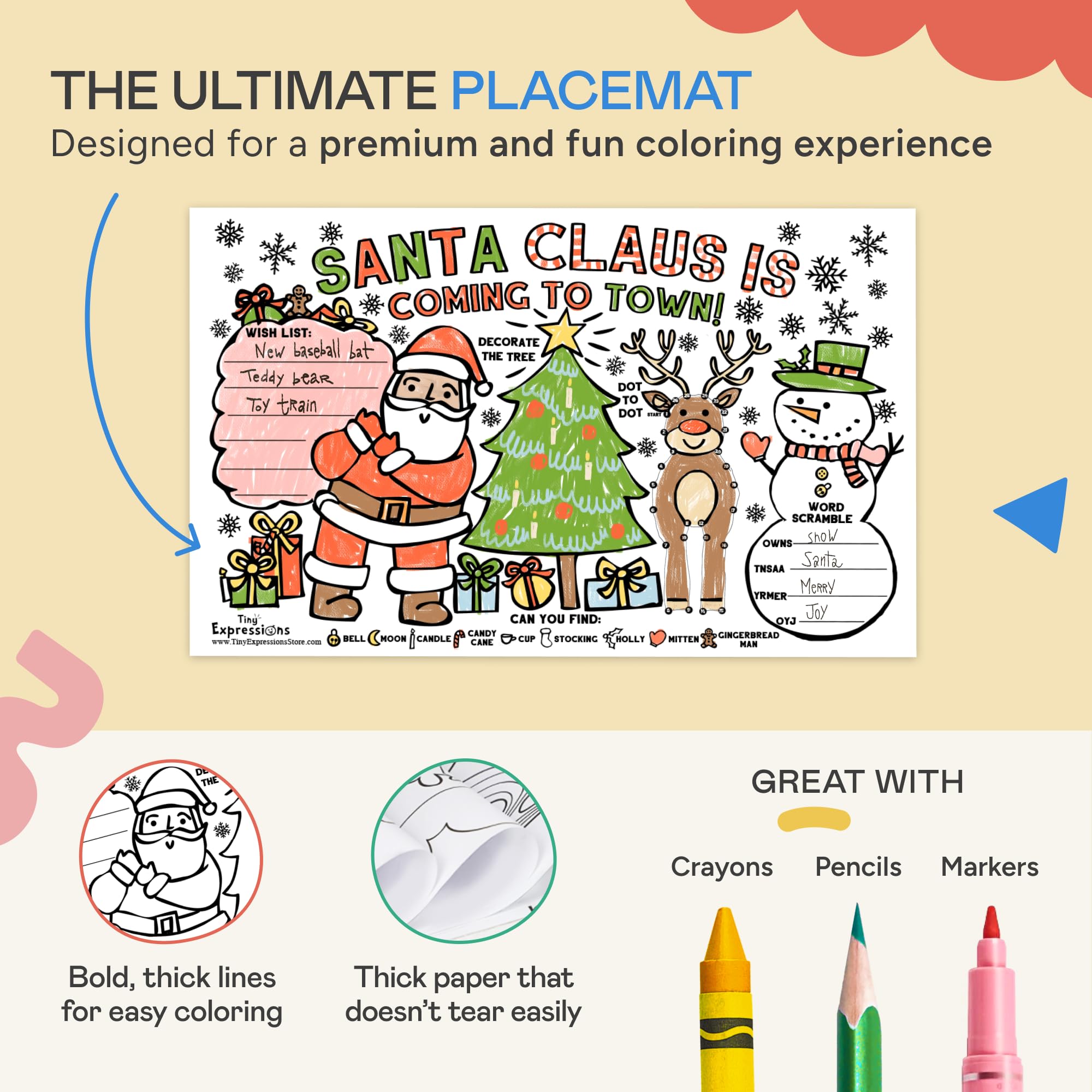 Tiny Expressions Christmas Placemats for Kids – Pack of 12 Coloring Activity Mats, 11x17 Inches, Disposable Bulk Set