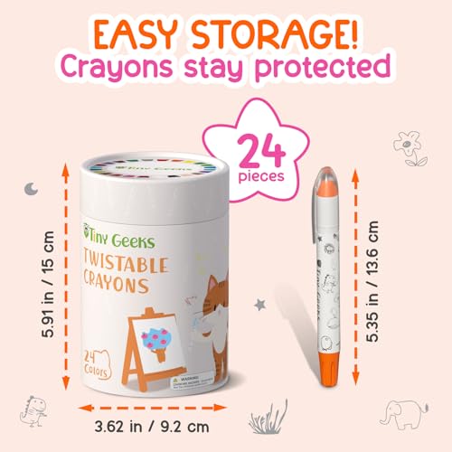 TinyGeeks 24 Twistable Crayons - Non Toxic, Washable, Easy Grip for Toddlers Ages 3-8