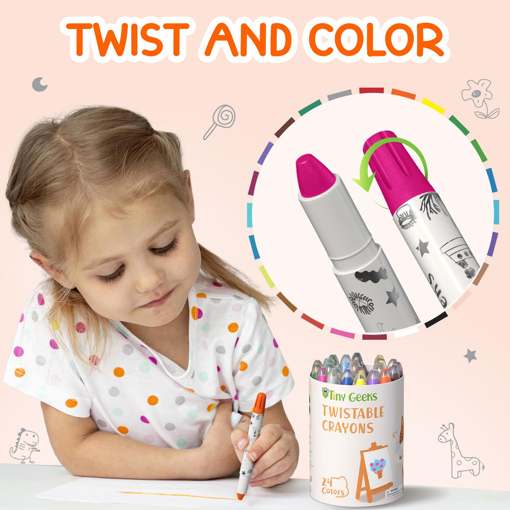 TinyGeeks 24 Twistable Crayons - Non Toxic, Washable, Easy Grip for Toddlers Ages 3-8