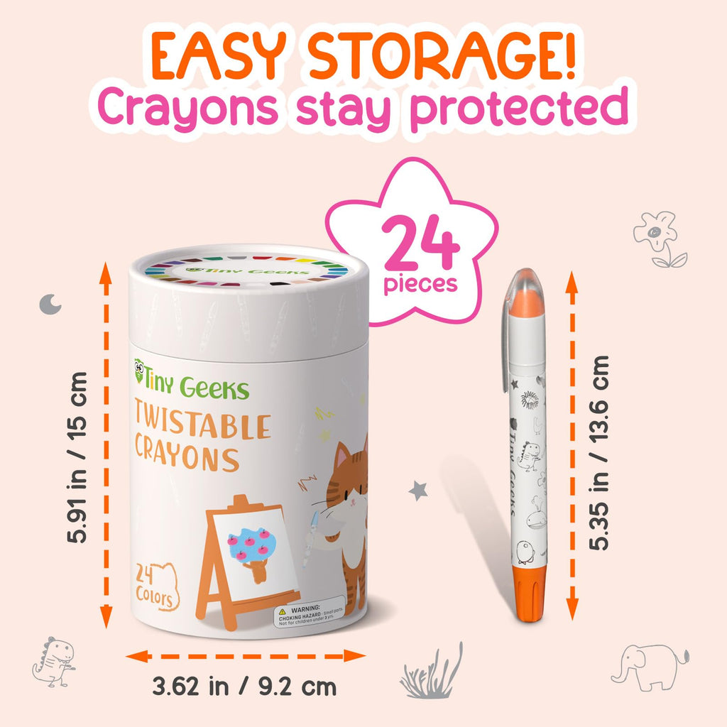 TinyGeeks 24 Twistable Crayons - Non Toxic, Washable, Easy Grip for Toddlers Ages 3-8