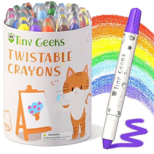 TinyGeeks 24 Twistable Crayons - Non Toxic, Washable, Easy Grip for Toddlers Ages 3-8
