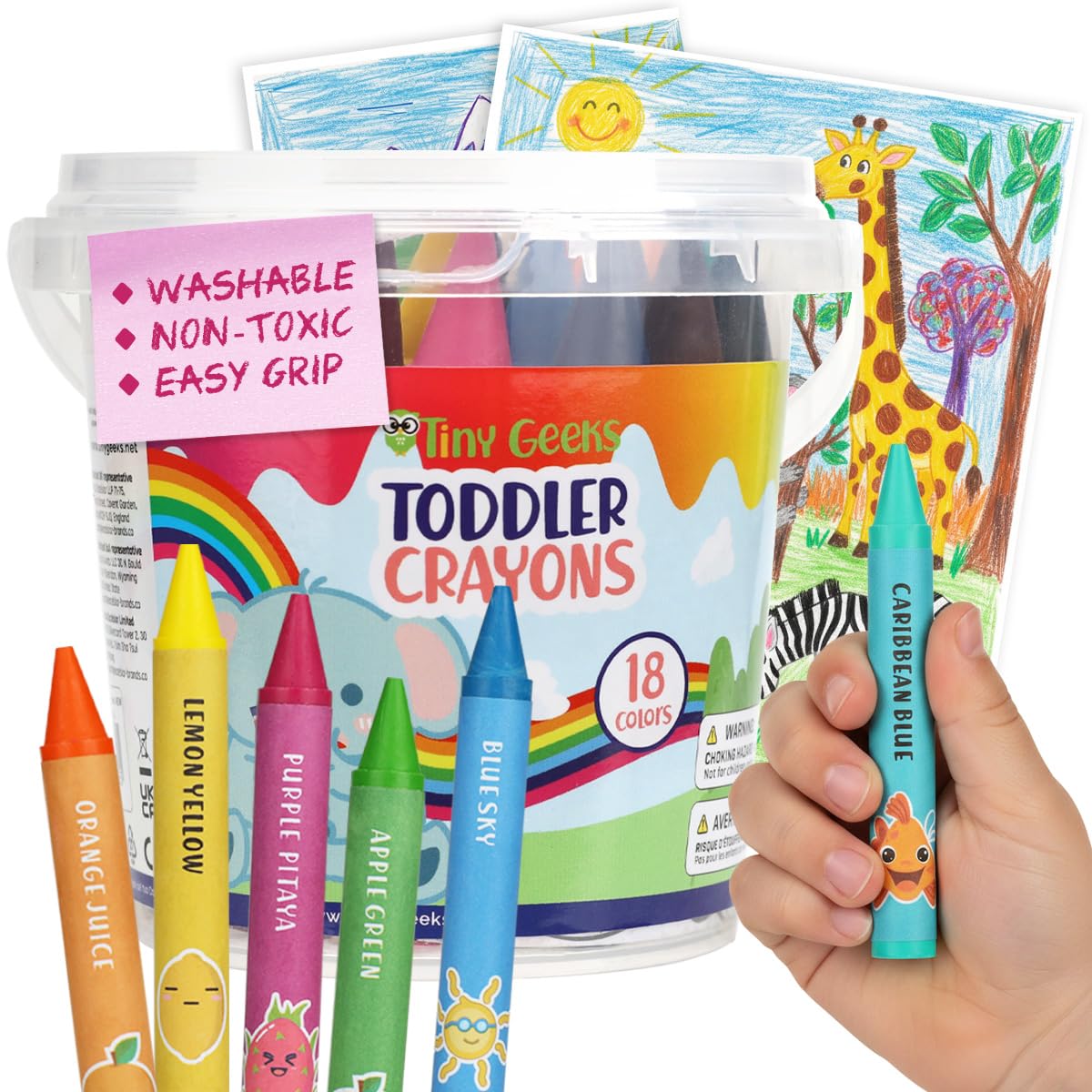 TinyGeeks Jumbo Crayons for Toddlers 3-8 – 18 Non-Toxic, Washable Crayons with Coloring Sheets