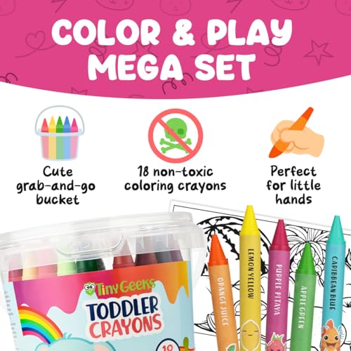TinyGeeks Jumbo Crayons for Toddlers 3-8 – 18 Non-Toxic, Washable Crayons with Coloring Sheets